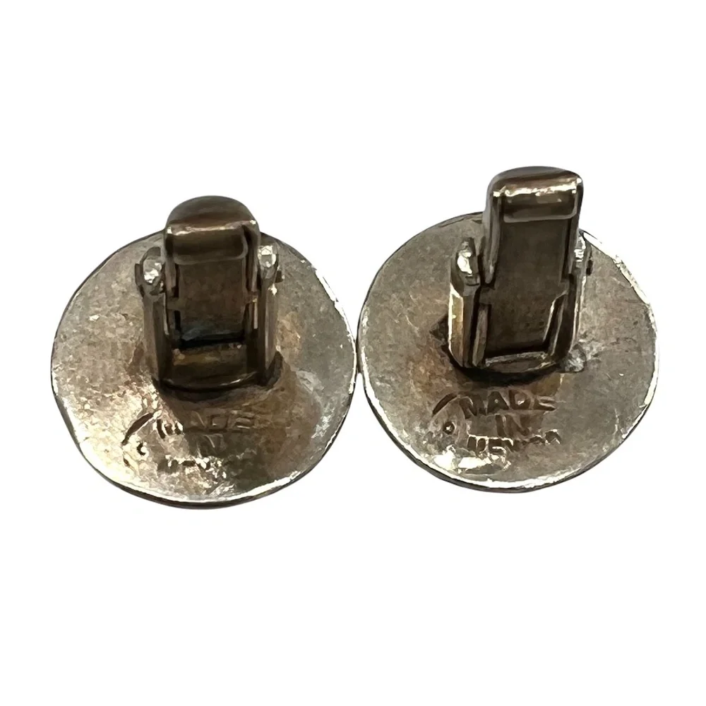 VINTAGE ALPACA MADE IN MEXICO 4 METAL COLOR STRIPE ROUND CUFFLINK